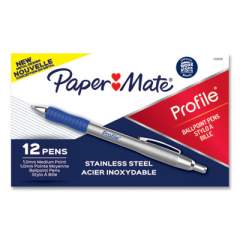 Paper Mate Profile Metal Ballpoint Pen, Retractable, Medium 1 mm, Blue Ink, Silver Barrel, Dozen (2130518)