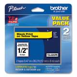 Brother P-Touch TZe Standard Adhesive Laminated Labeling Tape, 0.47" x 26.2 ft, Black on Yellow, 2/Pack (TZE6312PK)