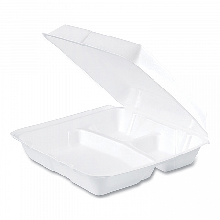 Foam Hinged Lid Containers, 3 Compartments, 9.25 x 9.5 x 3, White, 100/Sleeve, 2 Sleeves/Carton (95HT3R)