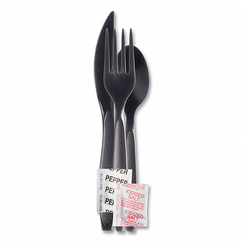 Reliance Mediumweight Cutlery Kit, Fork/Knife/Napkin/Pepper/Salt/Spoon, Plastic, Black, 250/Carton (RSK8Y0004)
