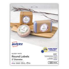 Avery Round Print-to-the Edge Labels with Sure Feed and Easy Peel, 2" dia, Glossy White, 120/PK (22807)