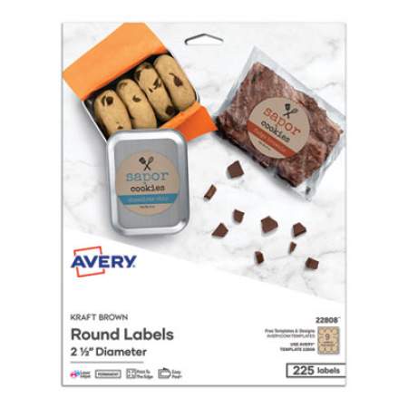 Avery Round Brown Kraft Print-to-the-Edge Labels, 2.5" dia, 225/PK (22808)