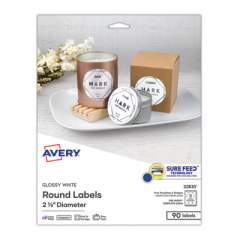 Avery Round Print-to-the Edge Labels with SureFeed, 2.5" dia, Glossy White, 90/PK (22830)