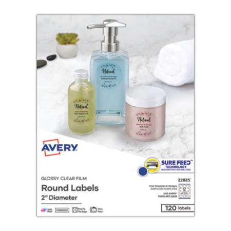 Avery Round Print-to-the Edge Labels with Sure Feed and Easy Peel, 2" dia, Glossy Clear, 120/PK (22825)