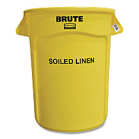 Vented Round Brute Container, "Soiled Linen" Imprint, 32 gal, Plastic, Yellow (263294YEL)