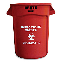 Vented Round Brute Container, "Infectious Waste: Biohazard" Imprint, 32 gal, Plastic, Red (263294RED)