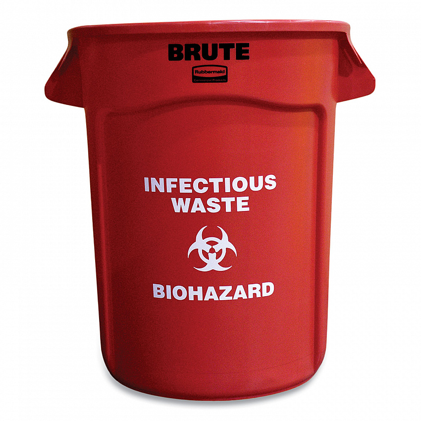Vented Round Brute Container, "Infectious Waste: Biohazard" Imprint, 32 gal, Plastic, Red (263294RED)