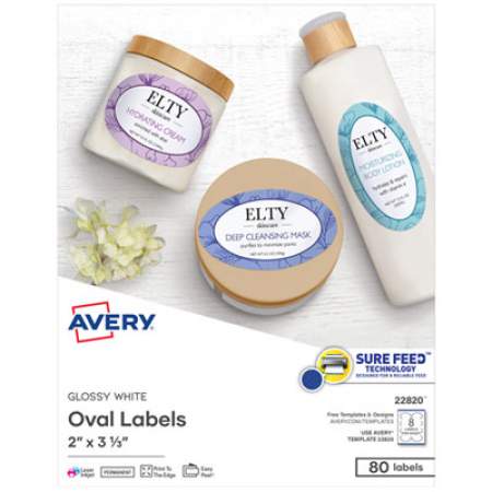Avery Oval Labels w/ Sure Feed and Easy Peel, 2 x 3.33, Glossy White, 80/Pack (22820)