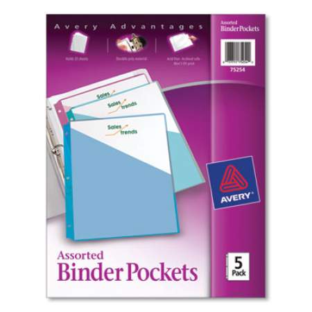 Avery Binder Pockets, 3-Hole Punched, 9 1/4 x 11, Assorted Colors, 5/Pack (75254)