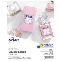 Avery Square Labels with Sure Feed and TrueBlock, 1 1/2 x 1 1/2, White, 600/Pack (22805)