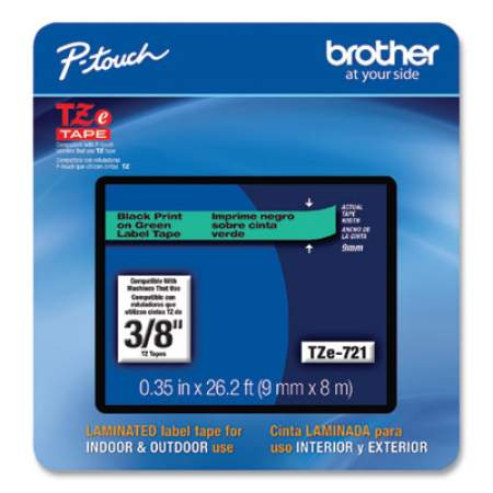 Brother P-Touch TZe Laminated Removable Label Tapes, 0.35" x 26.2 ft, Black on Green (TZE721CS)