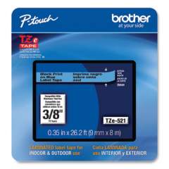 Brother P-Touch TZe Laminated Removable Label Tapes, 0.35" x 26.2 ft, Black on Blue (TZE521CS)