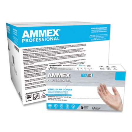 AMMEX Professional Vinyl Exam Gloves, Powder-Free, Large, Clear, 100/Box (VPF66100)