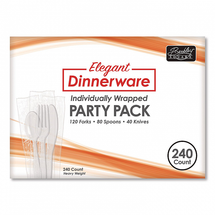 Elegant Dinnerware Heavyweight Cutlery Assortment, Heavyweight, (120) Forks/(80) Spoons/(40) Knives, Plastic, White, 240/Box (90191)