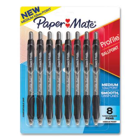 Paper Mate Profile Ballpoint Pen, Retractable, Medium 1 mm, Black Ink, Translucent Black Barrel, 8/Pack (2095460)