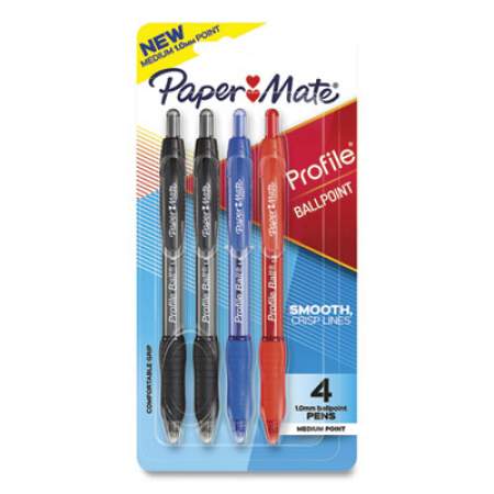 Paper Mate Profile Ballpoint Pen, Retractable, Medium 1 mm, Assorted Ink and Barrel Colors, 4/Pack (2113557)