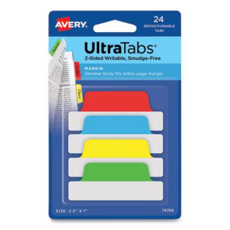 Avery Ultra Tabs Repositionable Margin Tabs, 1/5-Cut Tabs, Assorted Primary Colors, 2.5" Wide, 24/Pack (74768)