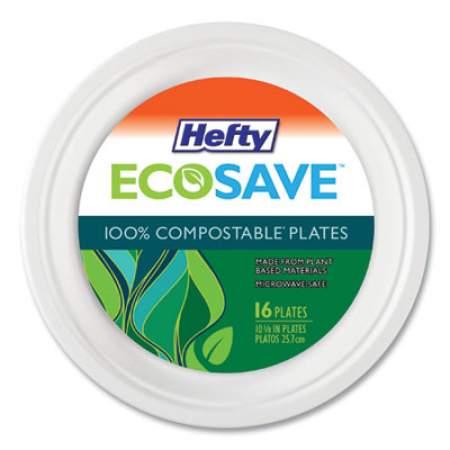 Hefty ECOSAVETableware, Plate, Bagasse, 10.13" dia, White,  16/Pack (D71016PK)