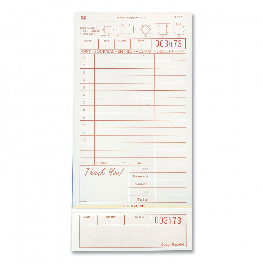 Guest Check Loose-Pack Refill, 15 Lines, Three-Part Carbonless, 4.2 x 8.5, 200 Forms/Pad, 10 Pads/Carton (GC49973)