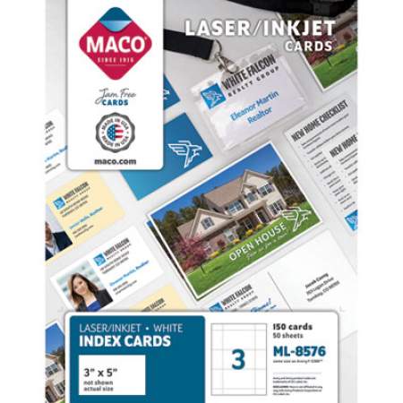 MACO Unruled Microperforated Laser/Inkjet Index Cards, 3 x 5, White, 150 Cards, 3 Cards/Sheet, 50 Sheets/Box (ML8576)