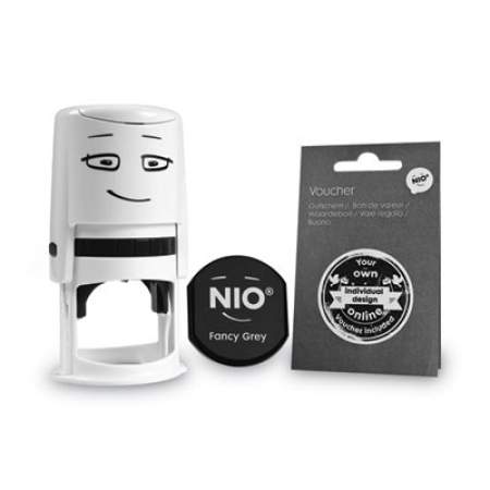 NIO Stamp with Voucher and Fancy Gray Ink Pad, Self-Inking, 1.56" Diameter (071509)
