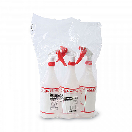 General Purpose Plastic Bottle with Trigger Spray, 32 oz, Clear/Red, 3/Pack (03010)