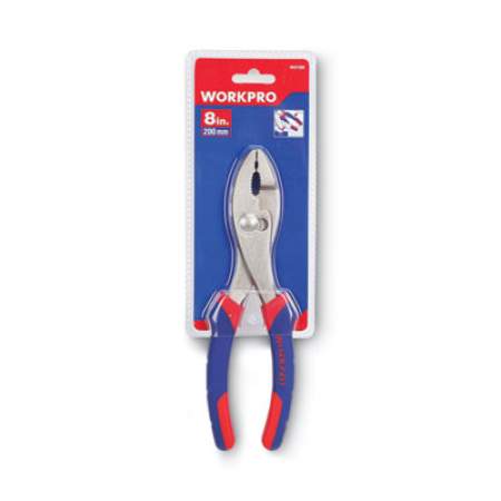 Workpro Slip Joint Pliers, 8" Long, Ni-Fe-Coated Drop-Forged Carbon Steel, Blue/Red Soft-Grip Handle (W031008WE)