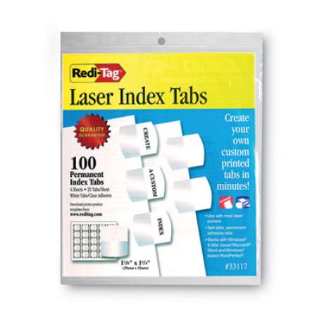 Redi-Tag Laser Printable Index Tabs, 1/5-Cut Tabs, White, 1.13" Wide, 100/Pack (33117)