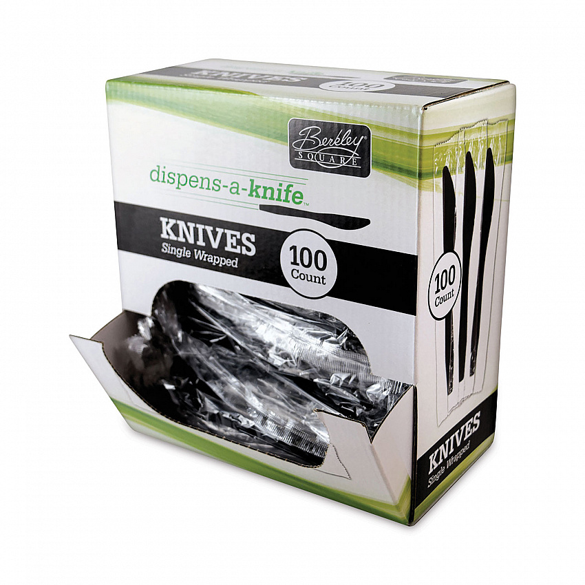 Dispens-a-Knife, Individually Wrapped, Mediumweight Knife, Plastic, Black, 100/Box (BEP90200)