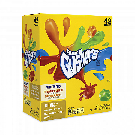 Fruit Gushers Fruit Snacks, Strawberry and Tropical Fruit Flavors, 0.8 oz, 42 Pouches/Carton (22001036)