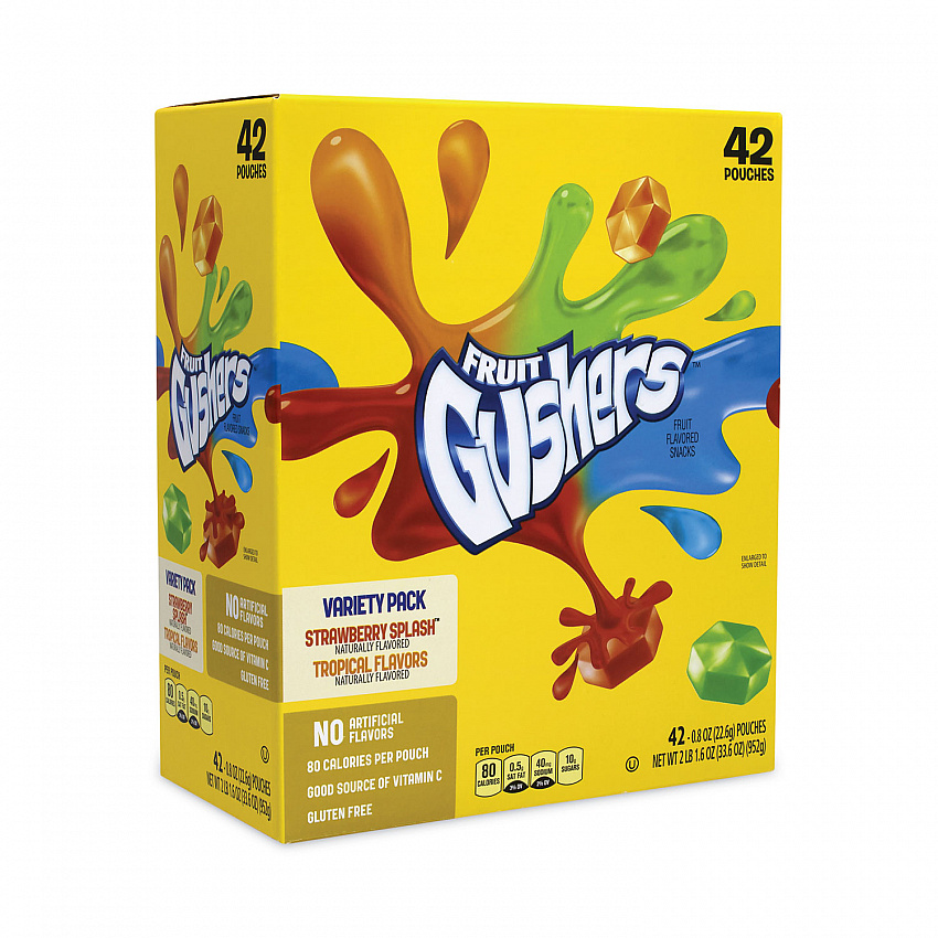 Fruit Gushers Fruit Snacks, Strawberry and Tropical Fruit Flavors, 0.8 oz, 42 Pouches/Carton (22001036)