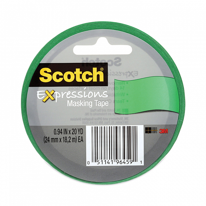 Expressions Masking Tape, 3" Core, 0.94" x 20 yds, Primary Green (3437PGR)