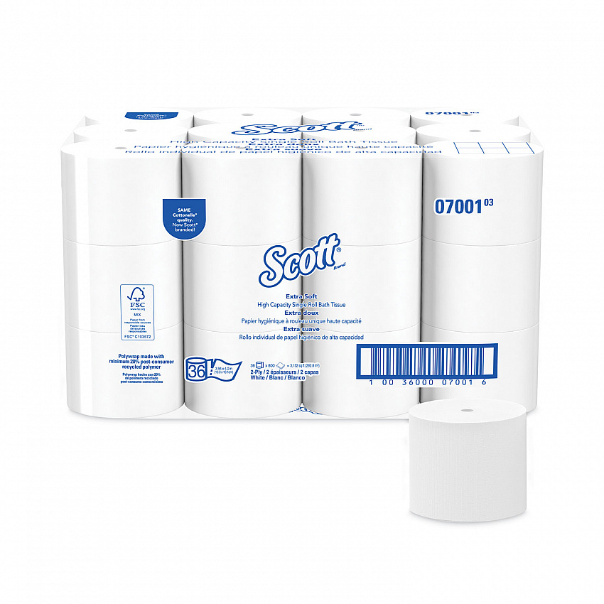 Essential Extra Soft Coreless Standard Roll Bath Tissue, Septic Safe, 2-Ply, White, 800 Sheets/Roll, 36 Rolls/Carton (07001)