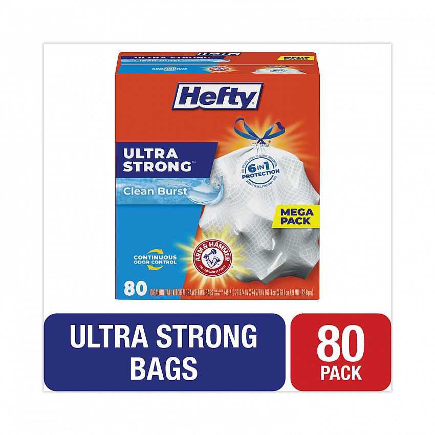 Extra Heavy-Duty Ultra Strong Scented Tall Kitchen Bags, Drawstring, 13 gal, Clean Burst, 23.75" x 24.88", White, 80/Box (E88356)