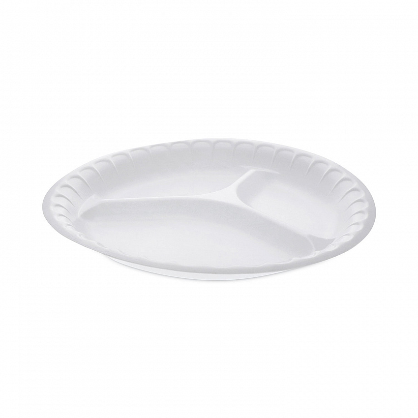 Placesetter Satin Non-Laminated Foam Dinnerware, 3-Compartment Plate, 10.25" dia, White, 540/Carton (0TH10044000Y)