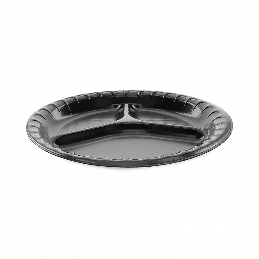 Placesetter Deluxe Laminated Foam Dinnerware, 3-Compartment Plate, 10.25" dia, Black, 540/Carton (0TKB0044000Y)