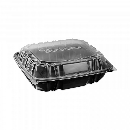 EarthChoice Vented Dual Color Microwavable Hinged Lid Container, 3 Compartments, 54 oz, Black/Clear, Plastic, 132/Carton (DC109310B000)