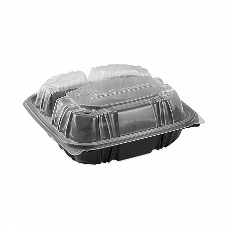 EarthChoice Vented Dual Color Microwavable Hinged Lid Container, 3 Compartment Base/Lid, 33 oz, Black/Clear, Plastic, 150/CT (DC858330B000)