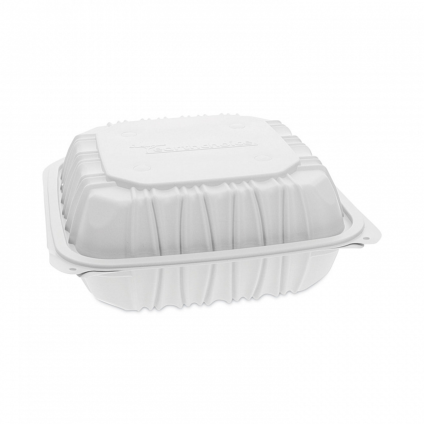 EarthChoice Vented Microwavable MFPP Hinged Lid Container, 3 Compartments, 8.4 x 8.7 x 3.1, White, Plastic, 146/Carton (YCNW0853)