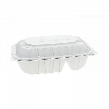 EarthChoice Vented Microwavable MFPP Hinged Lid Container, 2 Compartments, 9 x 6 x 3.1, White, Plastic, 170/Carton (YCNW02052)