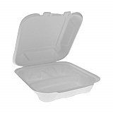 EarthChoice Bagasse Hinged Lid Container, 3 Compartments, Dual Tab Lock, 7.8 x 7.8 x 2.8, Natural, Sugarcane, 150/Carton (YMCH08030001)
