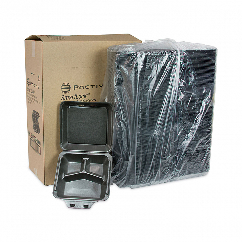 SmartLock Foam Hinged Lid Container, Large, 3 Compartments, 9 x 9.5 x 3.3, Black, 150/Carton (YHLB09030000)