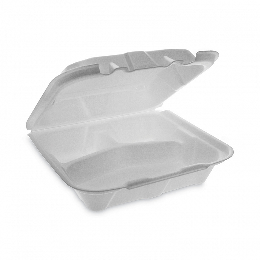 Vented Foam Hinged Lid Container, Dual Tab Lock Economy, 3 Compartments, 8.4 x 8 x 3, White, 150/Carton (YTD18803ECON)