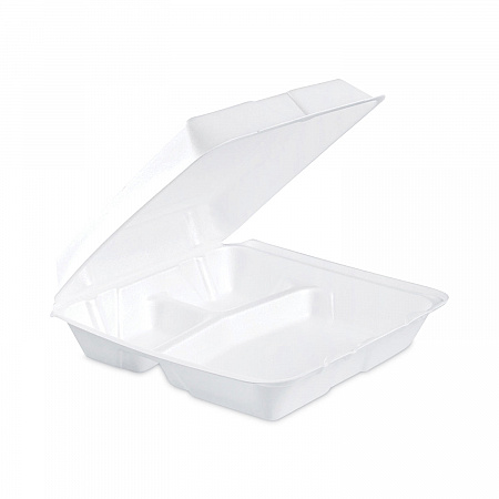 Insulated Foam Hinged Lid Containers, 3 Compartments, 9.3 x 9.5 x 3, White, 100/Sleeve, 2 Sleeves/Carton (95HT3)