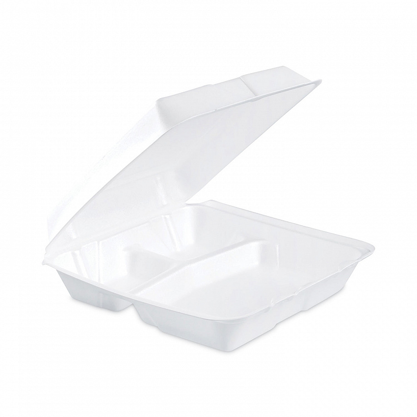 Insulated Foam Hinged Lid Containers, 3 Compartments, 9.3 x 9.5 x 3, White, 100/Sleeve, 2 Sleeves/Carton (95HT3)