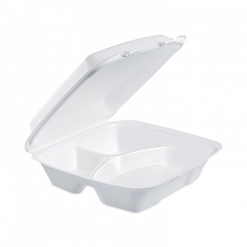 Insulated Foam Hinged Lid Containers, 3 Compartments, 9 x 9.4 x 3, White, 100/Sleeve, 2 Sleeves/Carton (90HT3)