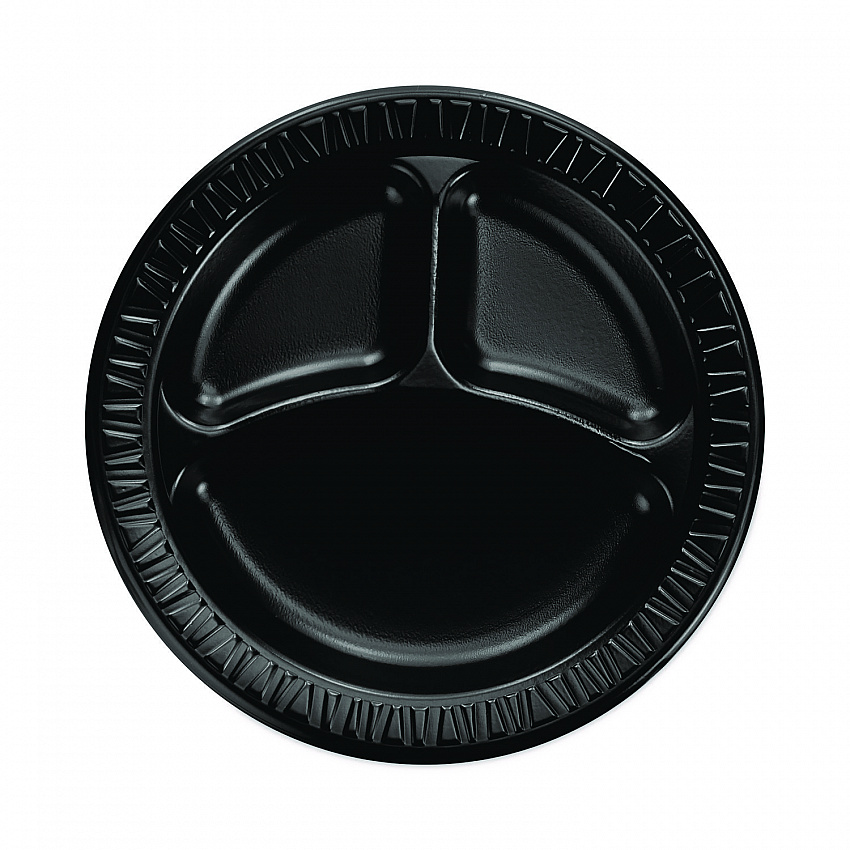 Quiet Classic Laminated Foam Dinnerware, 3-Compartment Plate, 9" dia, Black, 125/Sleeve, 4 Sleeves/Carton (9CPBQR)