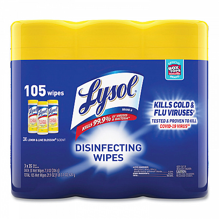 Disinfecting Wipes, 1-Ply, 7 x 7.25, Lemon and Lime Blossom, White, 35 Wipes/Canister, 3 Canisters/Pack (82159PK)