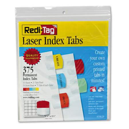 Redi-Tag Inkjet Printable Index Tabs, 1/5-Cut Tabs, Assorted Colors, 1.13" Wide, 375/Pack (39020)