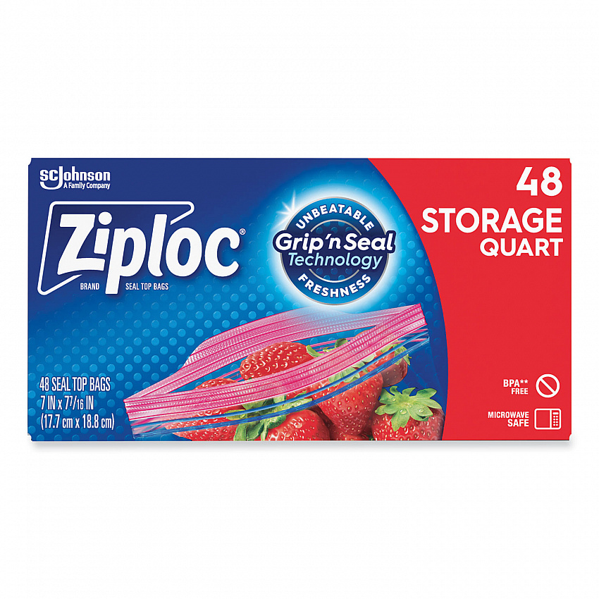 Double Zipper Storage Bags, Triple System Seal, Quart, 9.63" x 8.5", Clear, 48/Box (314469BX)